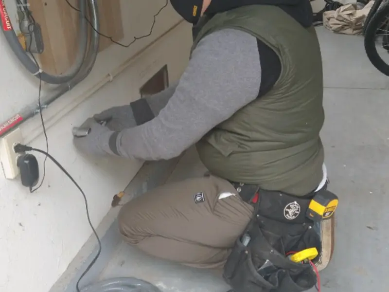 Electrician performing outlet wiring in a Lima garage